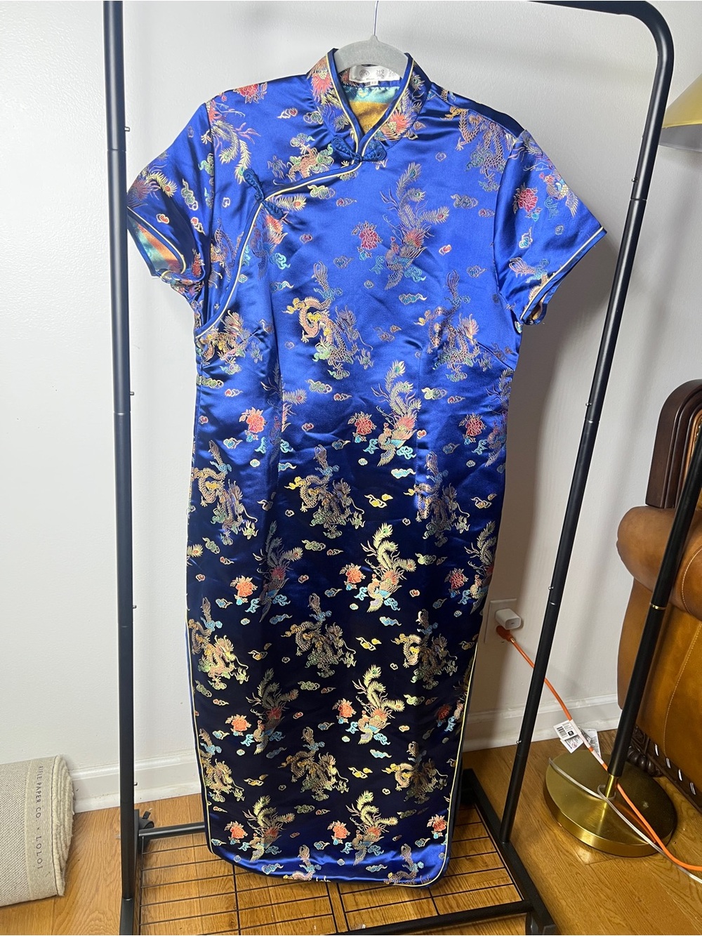 Vintage Blue Satin Floral Dragon Cheongsam Midi Dress